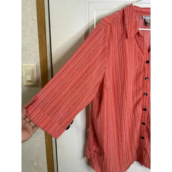 CATHERINES Button Front Tunic Top Roll Tab 3/4 Sleeve Pink Stripe Polka Dot 1X - Picture 6 of 8